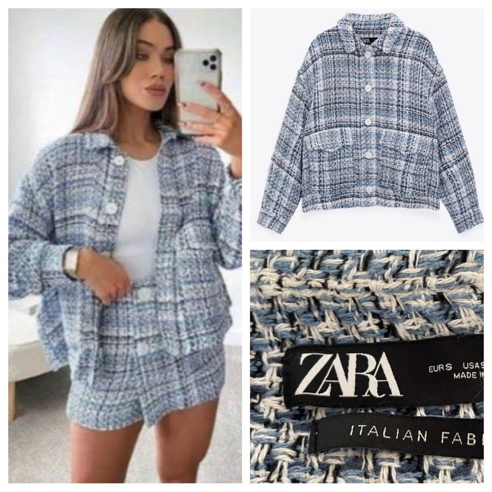 Zara blue tweed button down jacket boucle 37536